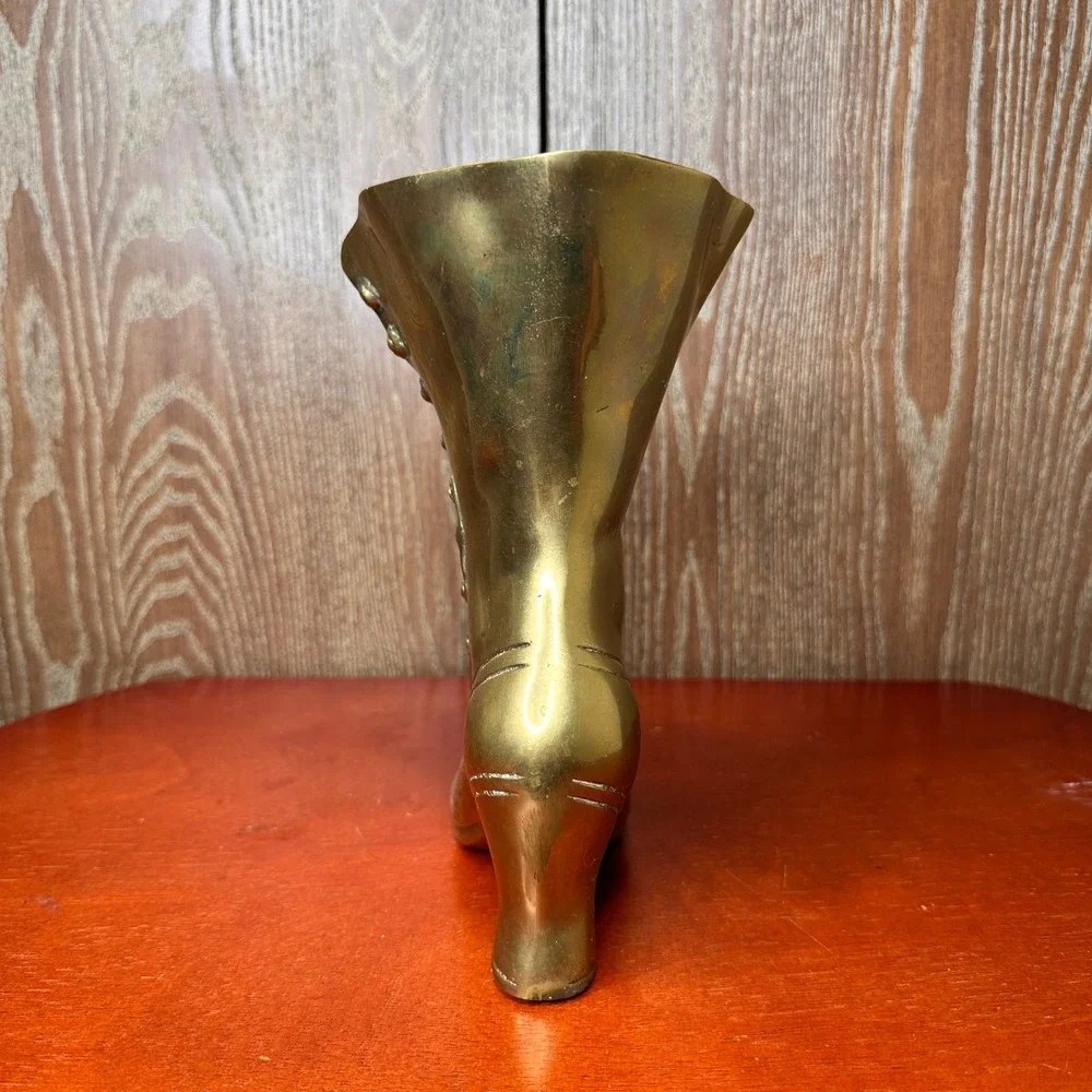 Vintage Solid Brass Victorian High Top Button Boot Vase Planter Decor 9